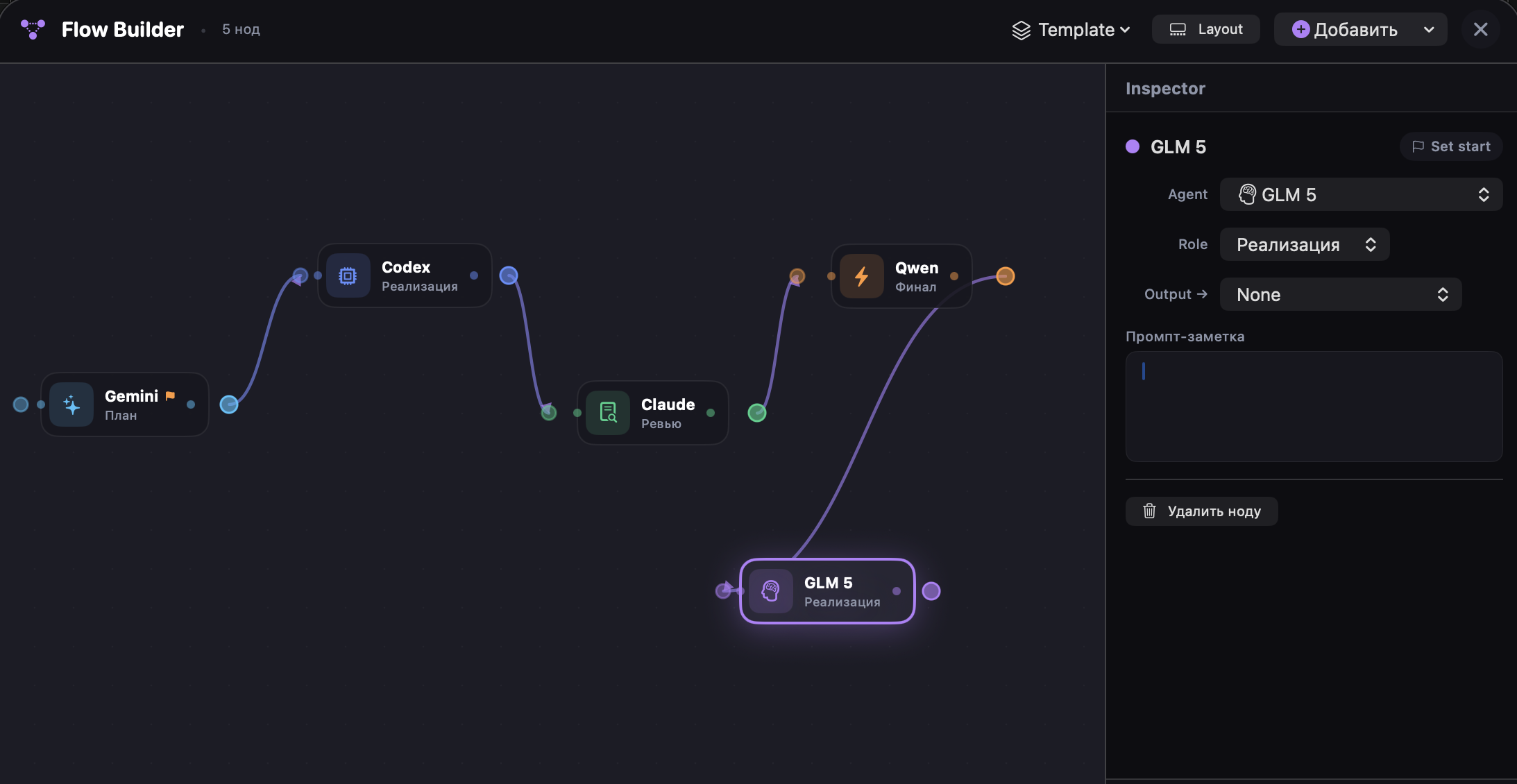 AI Control flow builder with connected nodes and inspector